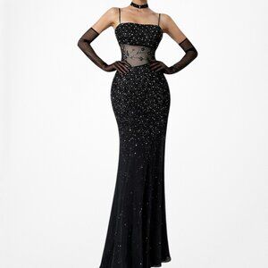 Vintage Y2K Black Floral Mesh Silk Beaded Maxi Bodycon Cocktail Prom Dress S